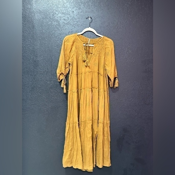 FREE PEOPLE Mustard Yellow Tassel Midi Dress Size Small - Picture 1 of 9